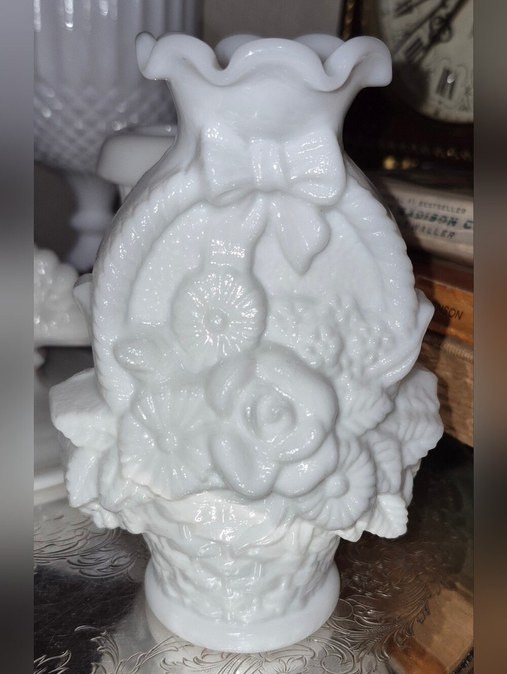 Antique Imperial Milk Glass Puffy Vase Roses Basket Bow Victorian Opalescent